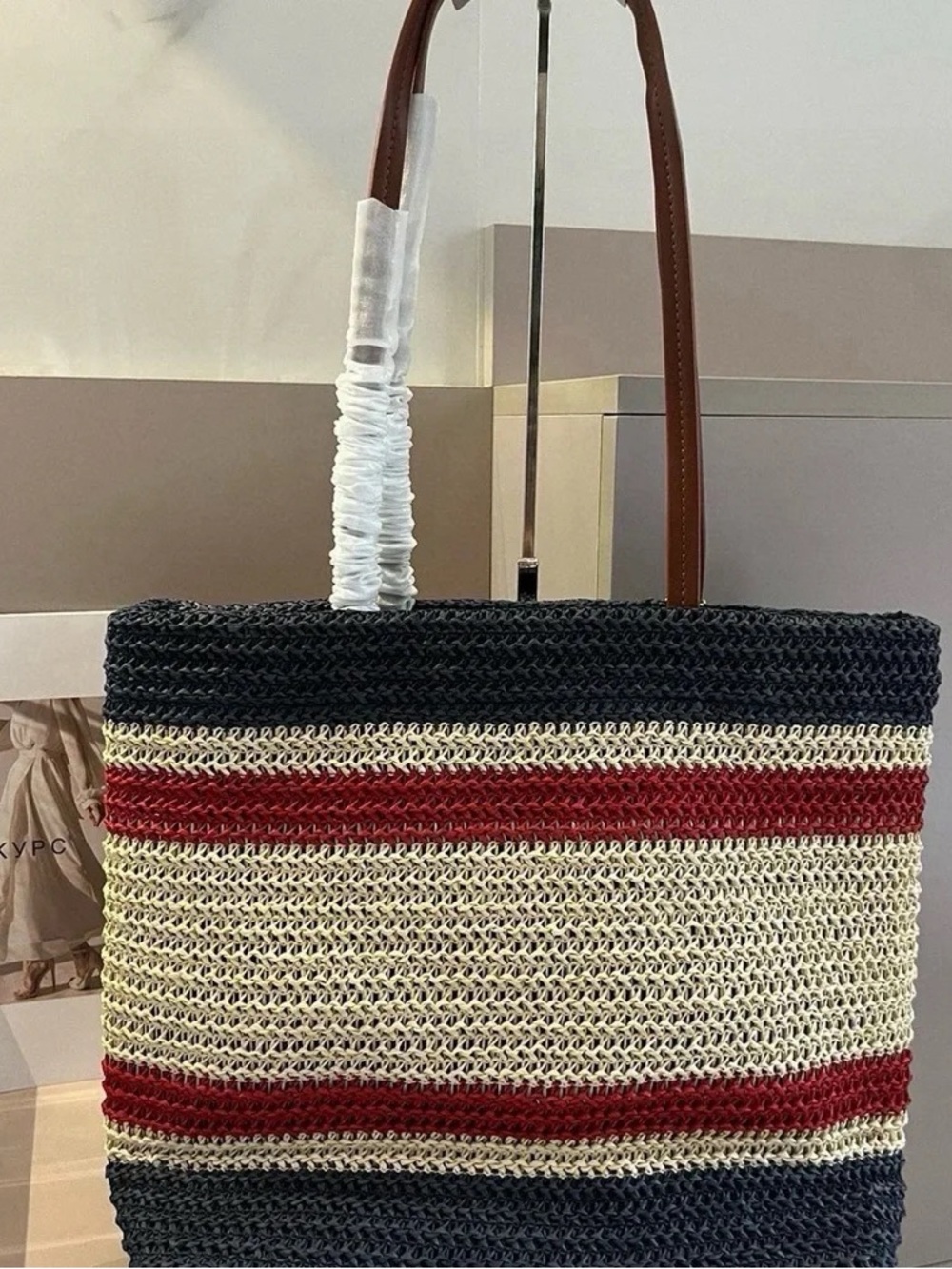 Miu Miu Navy, Red and Cream Striped Woven Tote - Picture 3 of 8